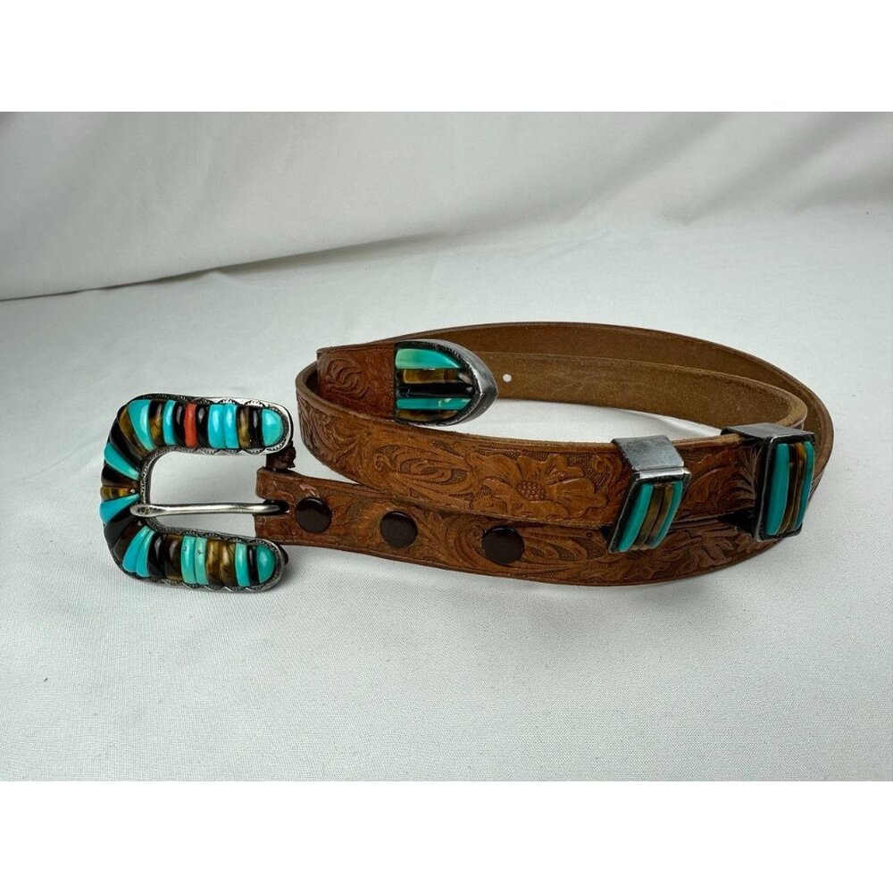Vintage Rare Carlos Eagle Sterling Silver Inlay Buckle Belt Turquoise Coral Tige